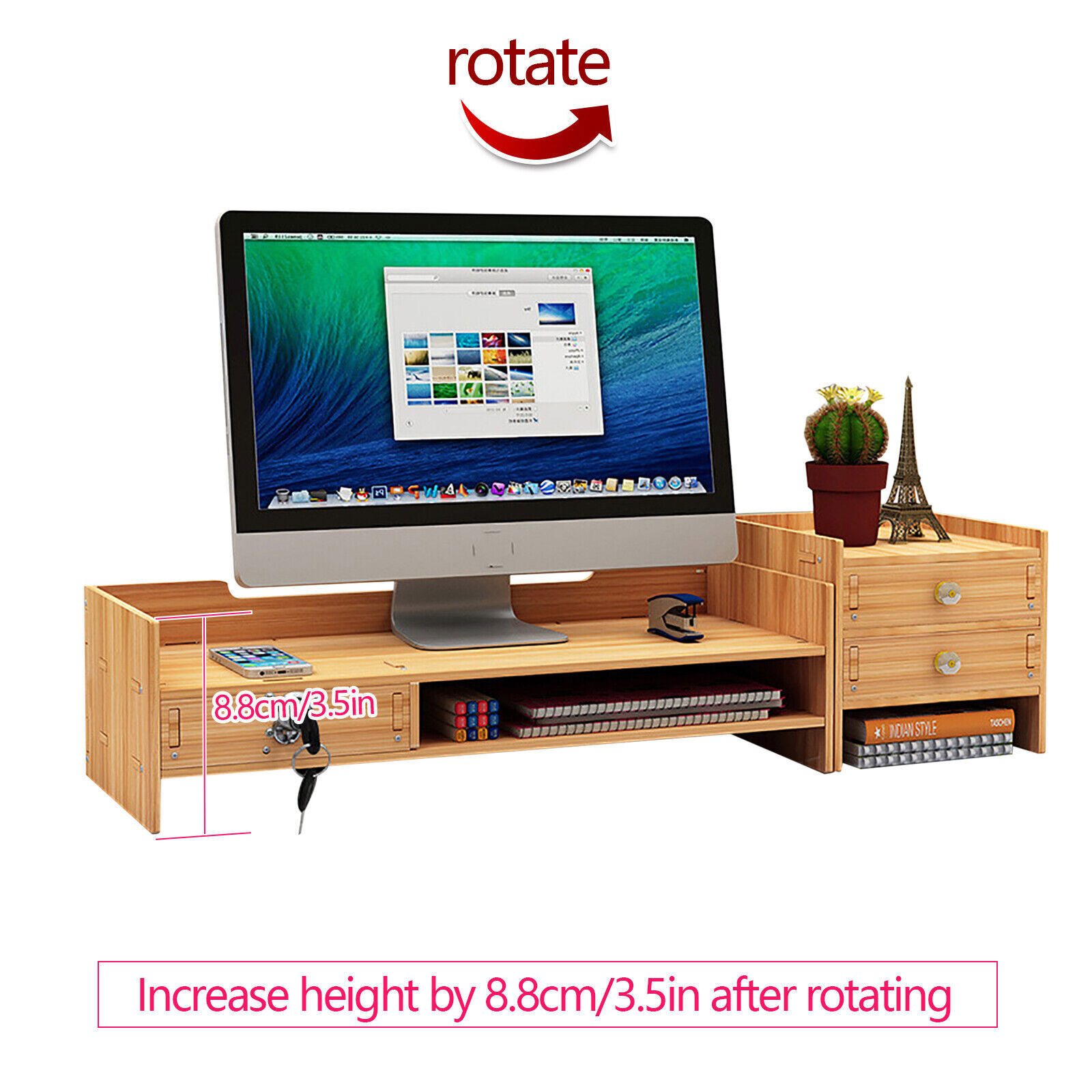 Wooden Desk Organizer with Drawers Office Supplies Computer Desktop Tabletop