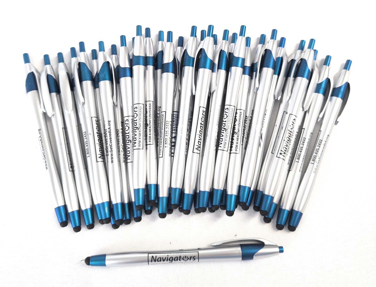 30ct Mixed Lot Misprint Stylus Click Pens: JAVALINA Hub Pen SILVER & BLUE 🔵