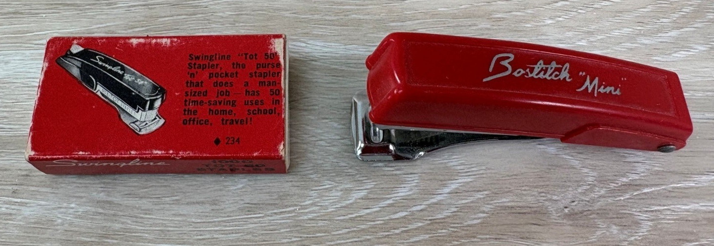 Vintage Bostitch Mini Stapler & partial box of staples Made in Hong Kong