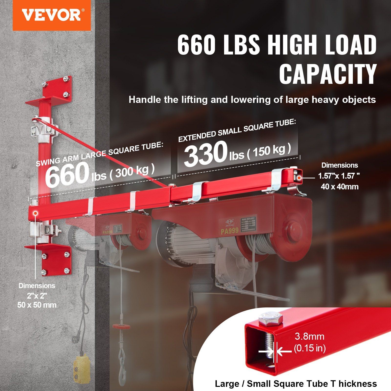 Electric Hoist Support Arm 660LBS Capacity 180 Degree Swivel for Workshop Garage