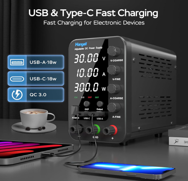 Fuente de alimentación DC 30V 10A con ajuste fino y carga rápida USB y Type-C. N