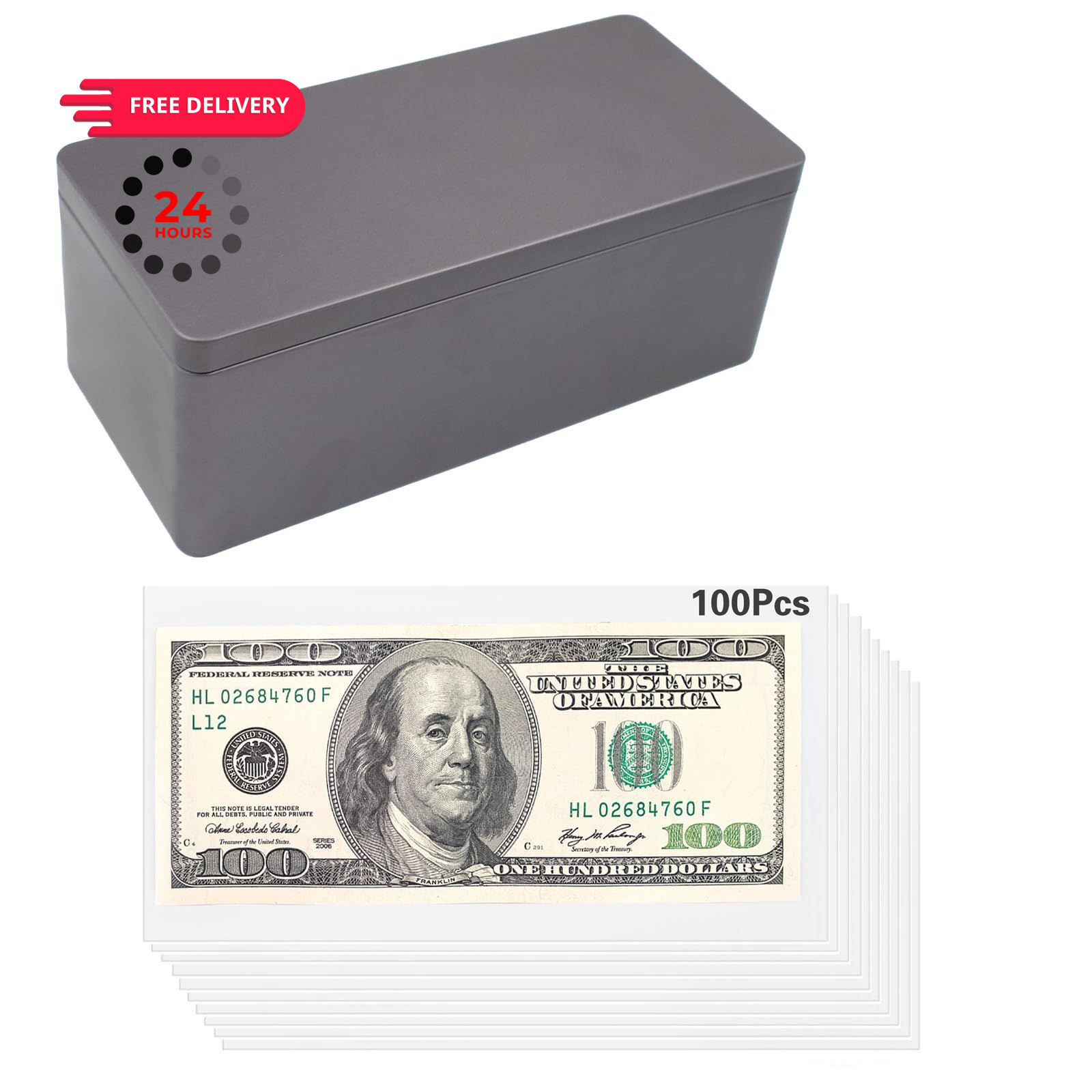 Black Metal Cash Box with 100 PCS Clear Paper Money Holders, Dollar