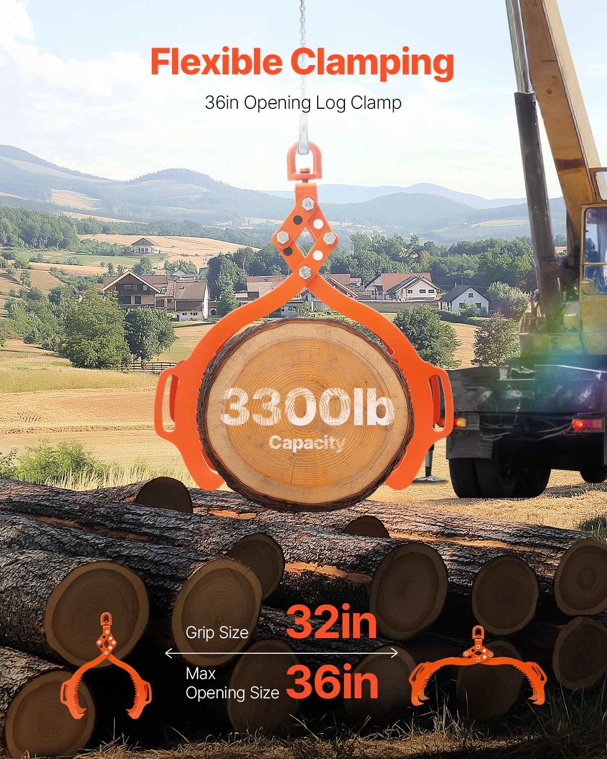 VEVOR 36in Log Lifting Tongs 4 Claw Solid Steel Log Grapple Swivel Log Tools