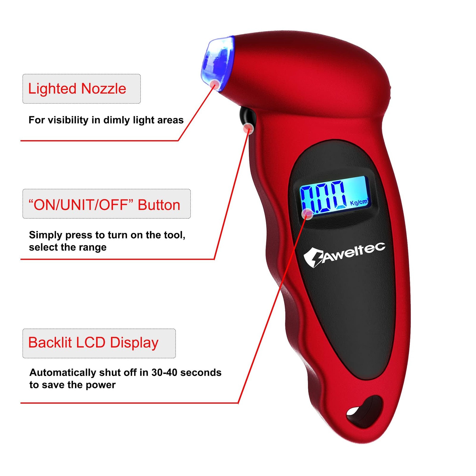 AWELTEC Digital Tire Pressure Gauge,Accurate Air Gauge 1 Pack, Red(1PK)