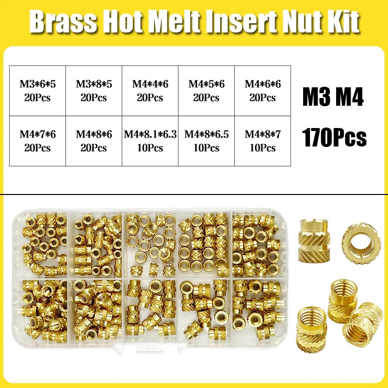 Brass Threaded Insert Nut Kit M2 M2.5 M3 M4 M5 M6 M8 Hot Melt Heat Knurled Embed
