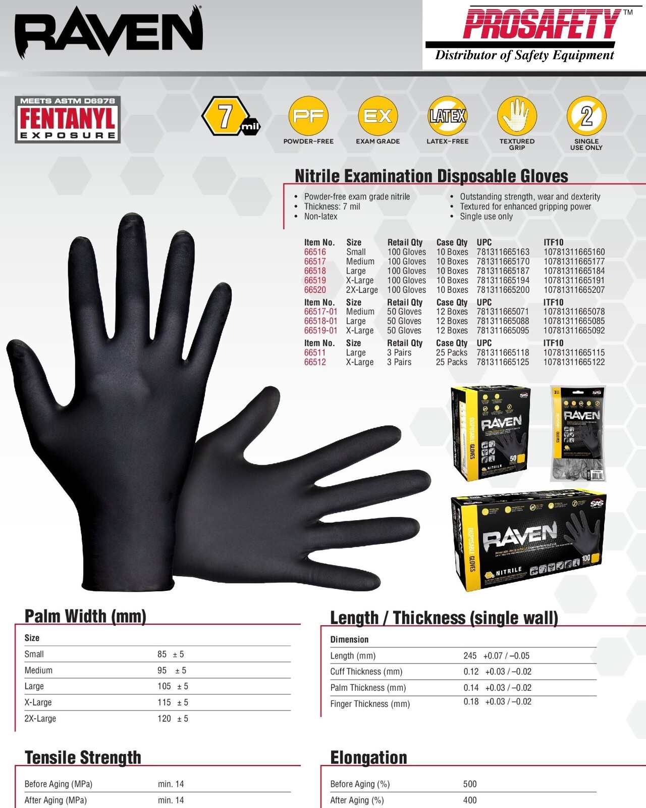SAS RAVEN BLACK 7 MIL Powder Latex Free Disposable Nitrile Gloves 10 BOXES CASE