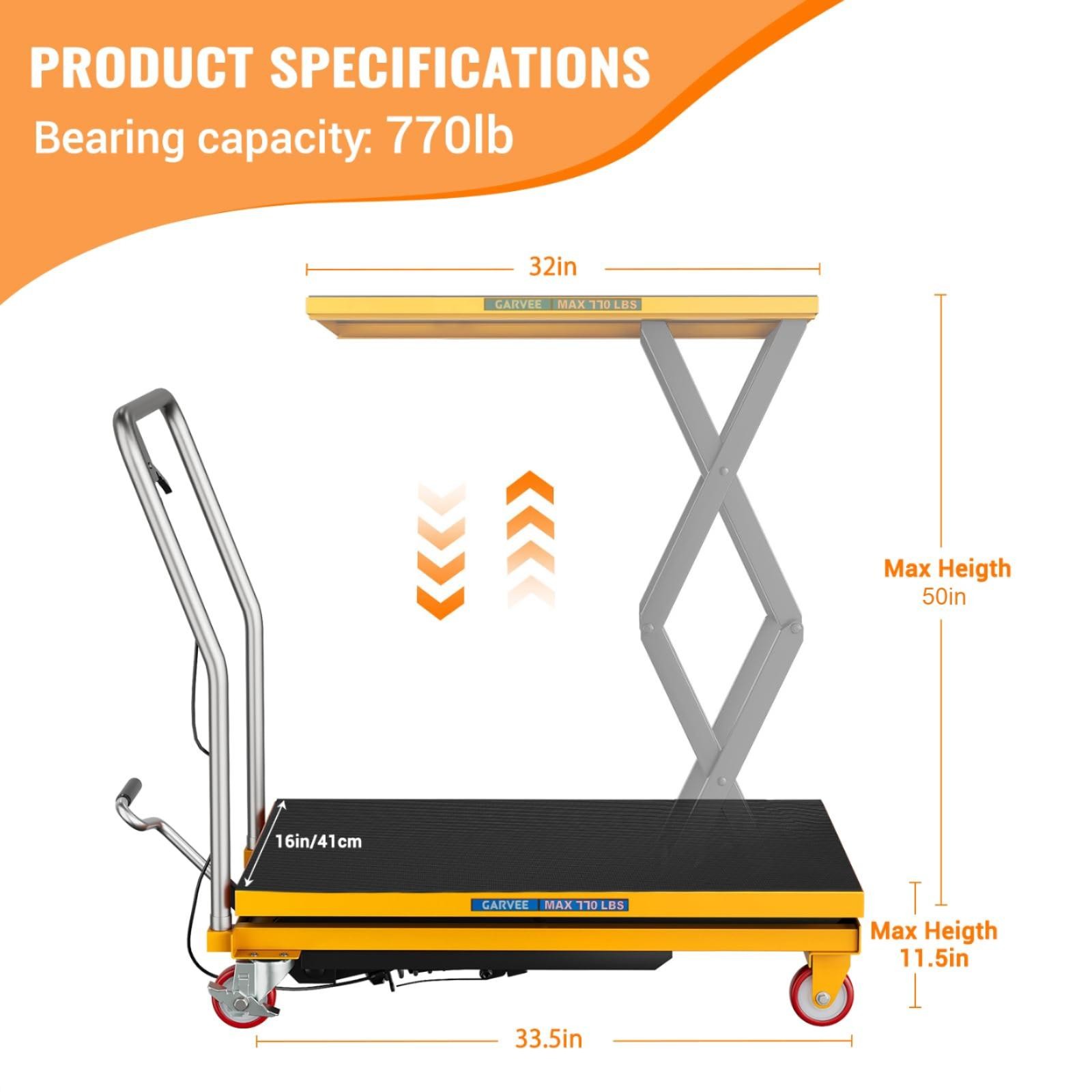 Garvee Hydraulic Lift Table Cart, 770lbs 50″ Lifting Manual Double Scissor Lift