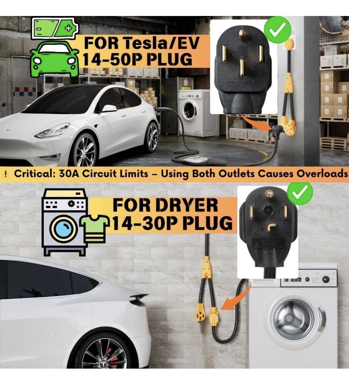 MECMO Dryer Outlet To EV Charger Adapter, NEMA 14-30P to 14-50R & 14-30R Adapter
