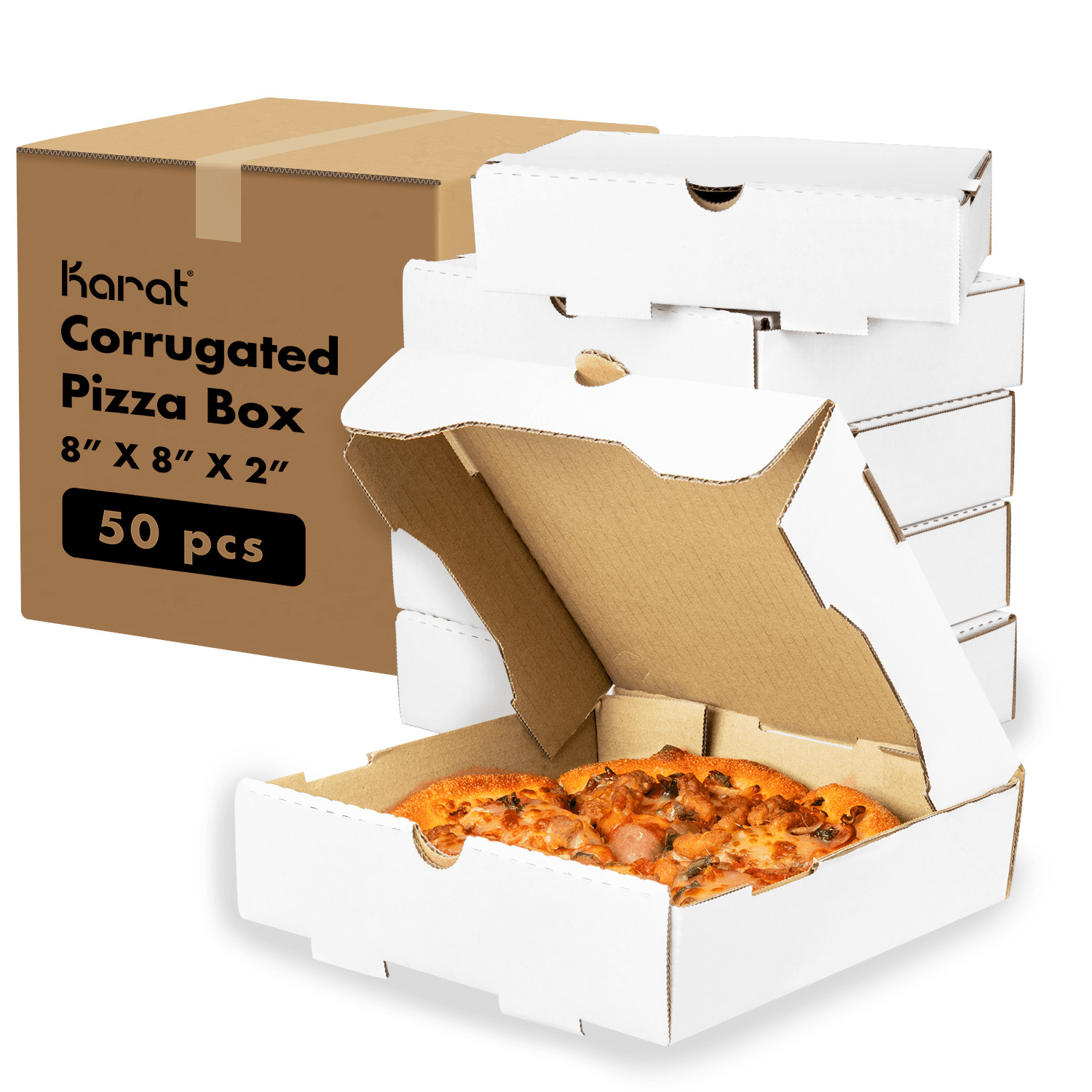 Karat Corrugated Pizza Box, 8”x8”x2”, White – 50 pcs, FP-PBF08W