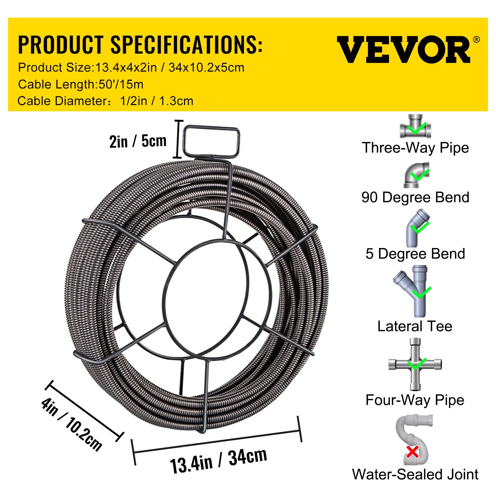 Drain Cable Sewer Cable 50Ft 1/2In Drain Cleaning Cable Auger Snake Pipe