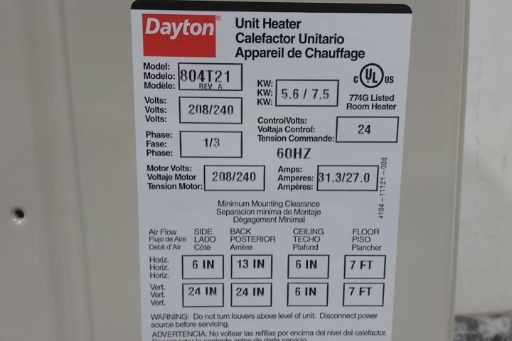 Dayton 804T21 208/240VAC 650CFM Electric Wall & Ceiling Unit Heater