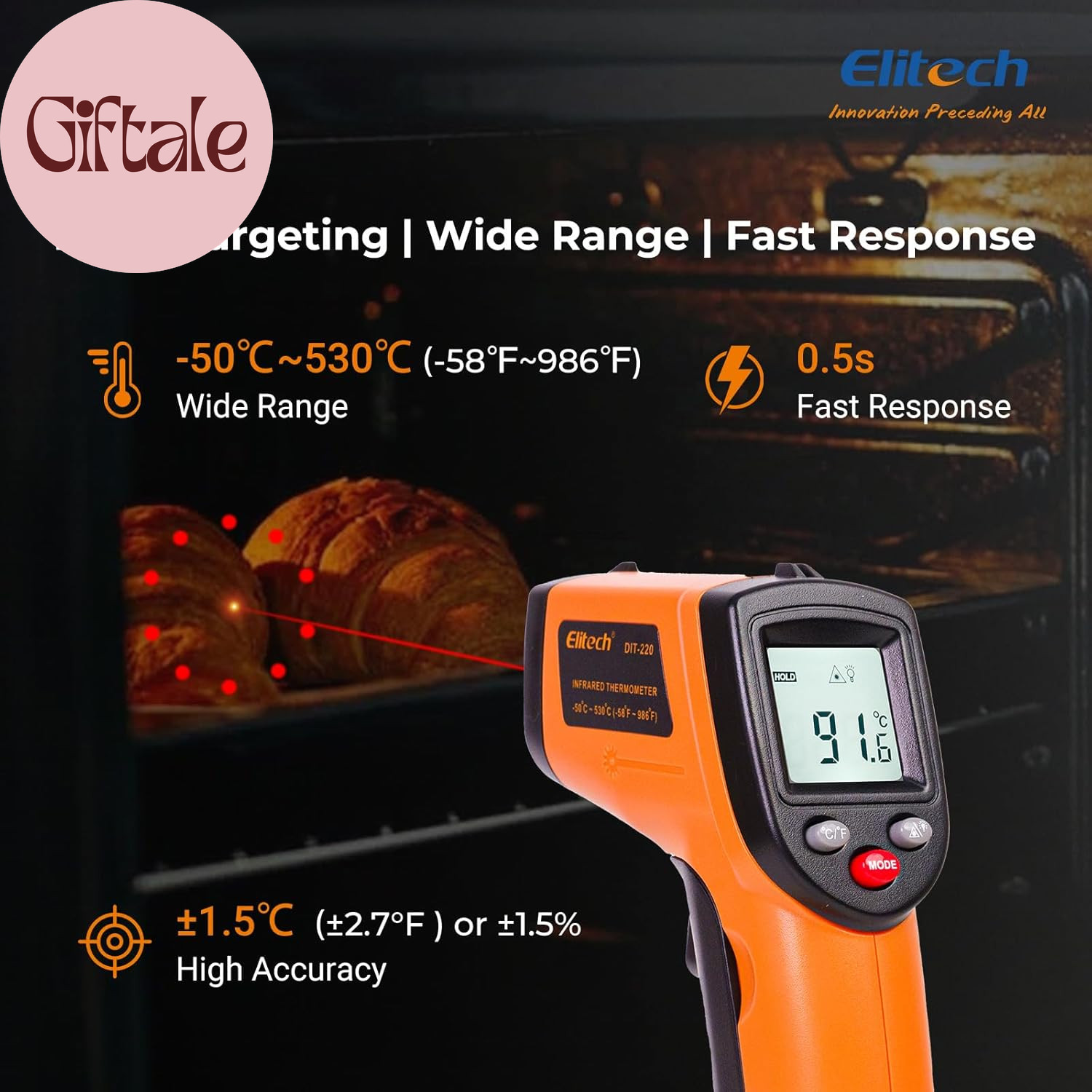 Laser Temperature Gun, Non-Contact Digital Infrared Thermometer, Adjustable Emis