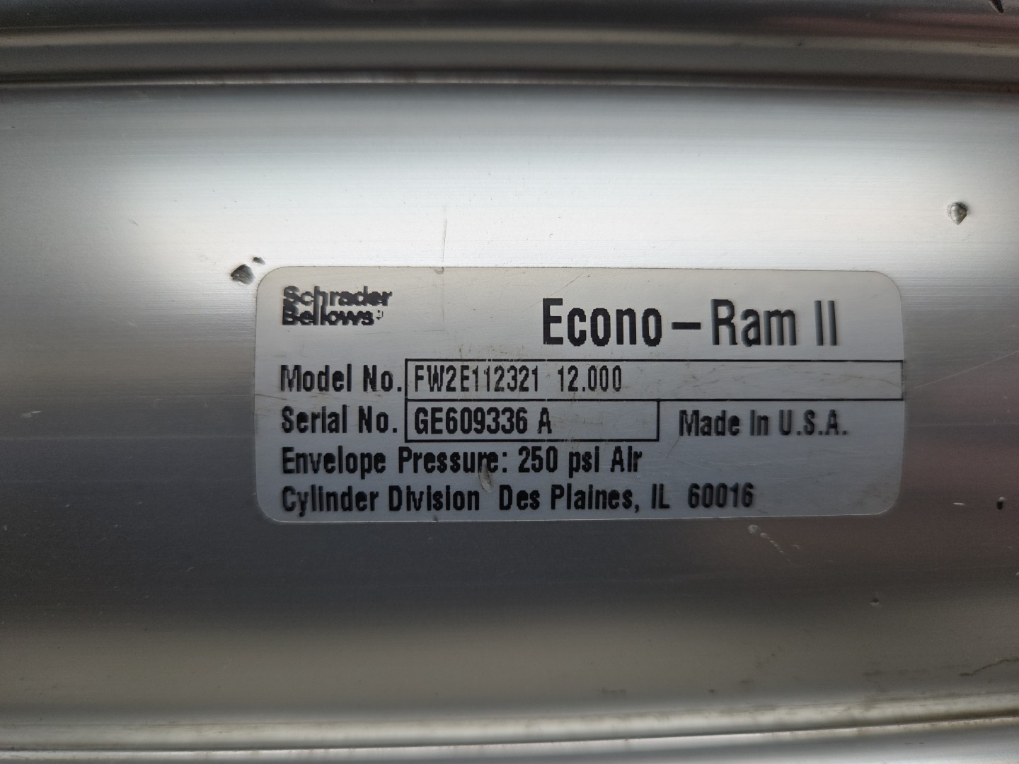 Schrader Bellows Pneumatic Cylinder 12″ Stroke 4″ Bore 250 Psi FW2E112321 12.000