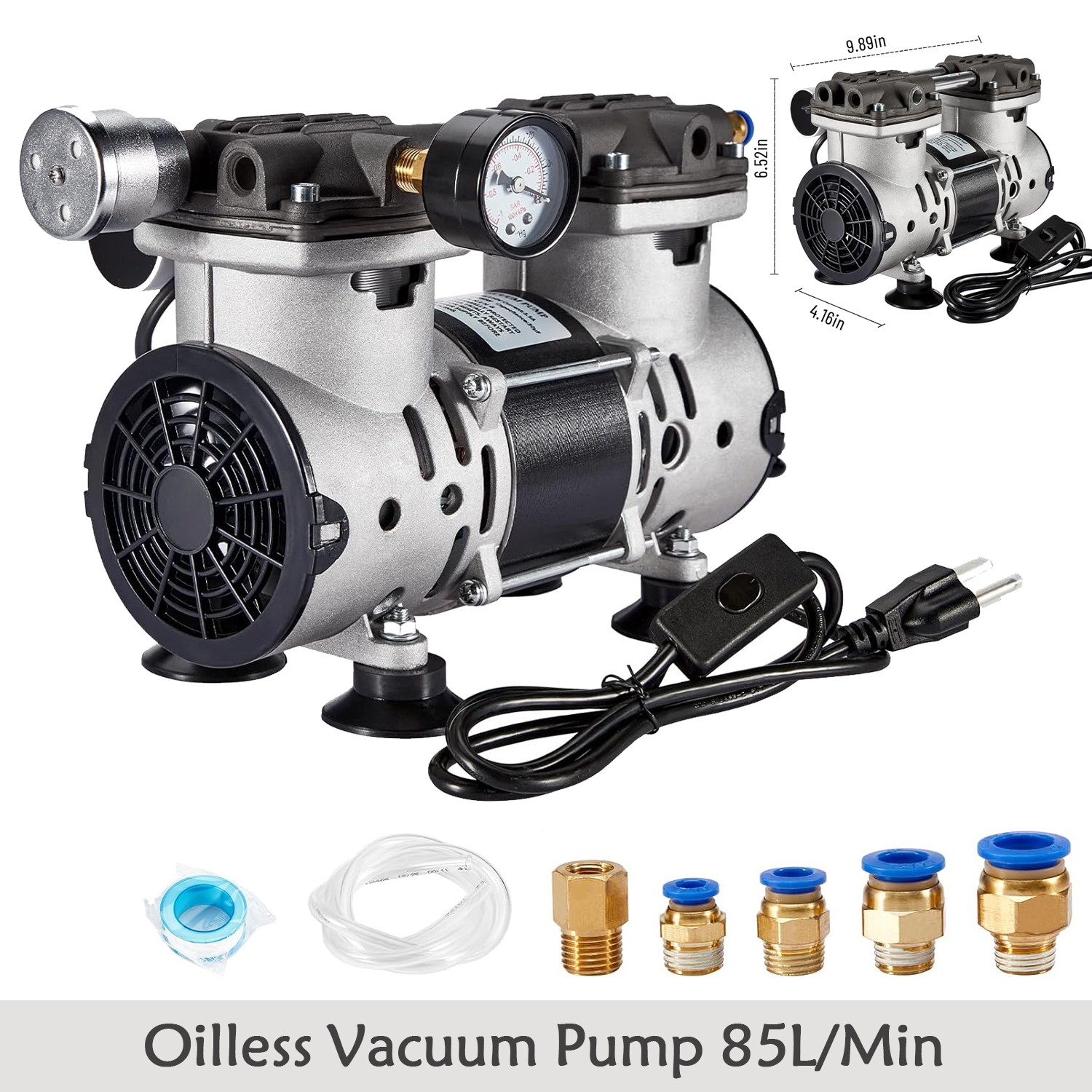 380W 85 L/min Lab Vacuum Pump Oil Free Oilless Vacuum Pump W/ Pressure Gauge New