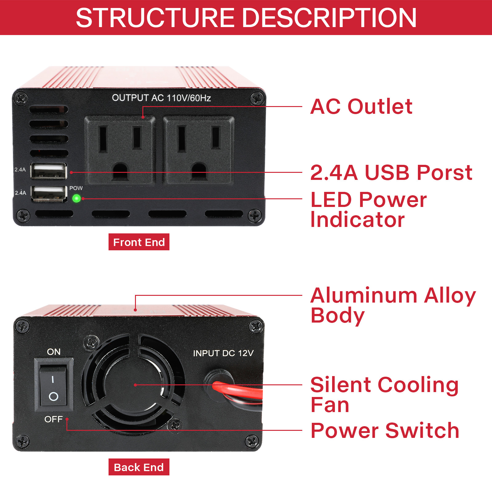 1000W Car Power Inverter Sine Wave Inverter DC 12V to AC 110V Boat Caravan