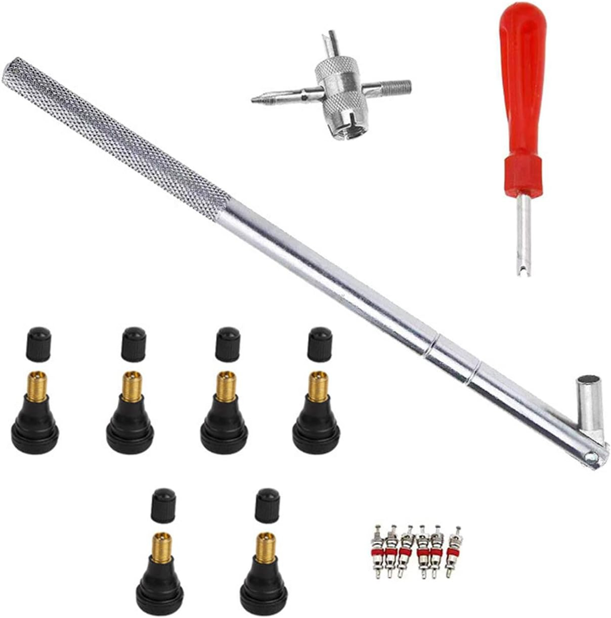 Tire Valve Stem Installation Kit – 6pcs TR412 Stems & 4-Way Valve Core Tool Set