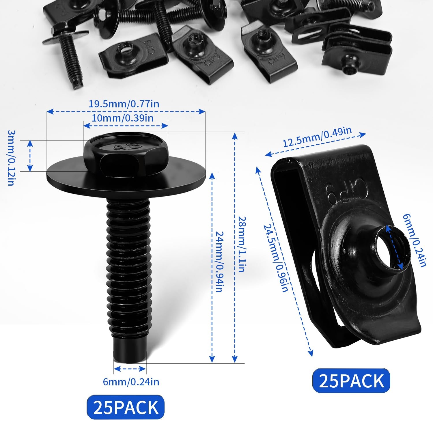 M6-1.0 U Clips Automotive Speed Nuts Hex Head Screws Kit Fender Bumper Clip 50pc