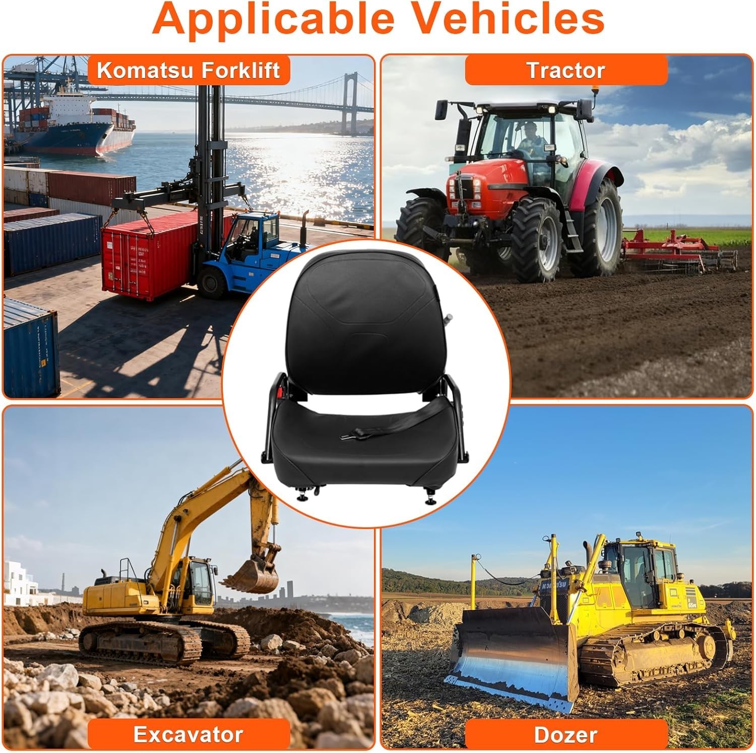 Universal Forklift Seat w/Retractable Belt – Curved Back, Fits Komatsu & More