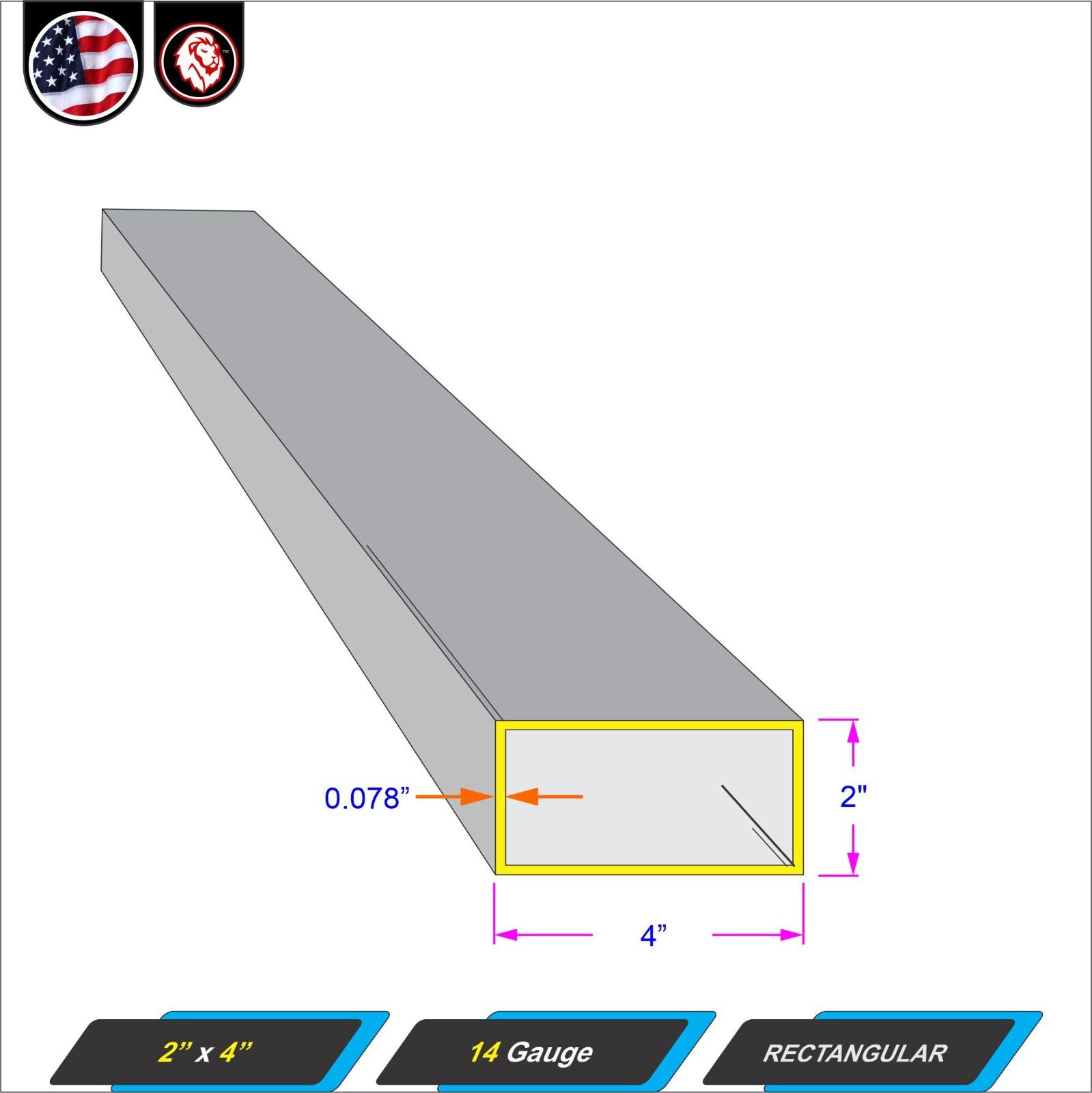2″ x 4″ Rectangular Metal Tube – Mild Steel – 14 gauge – ERW – 12″ inch (1-ft)
