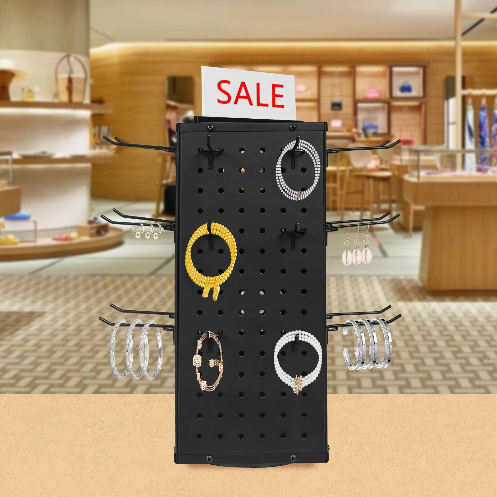 Rotating Pegboard Display Stand with 24 Hooks – 4-Sided Metal Spinning Peg Board