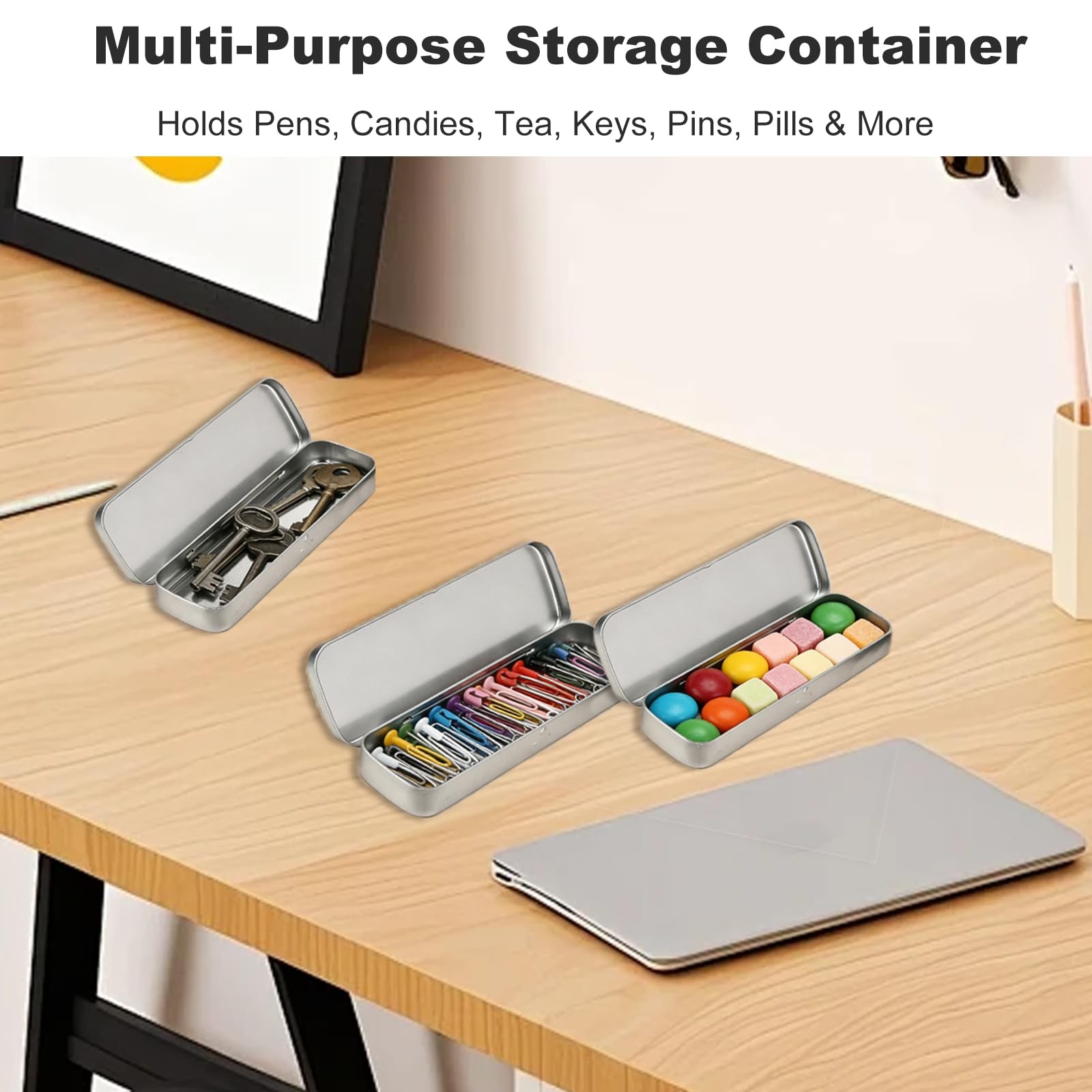 YKEBVPW Metal Pencil Box Tin Case Small 8.07 × 2.56 × 0.98 inches, Silver