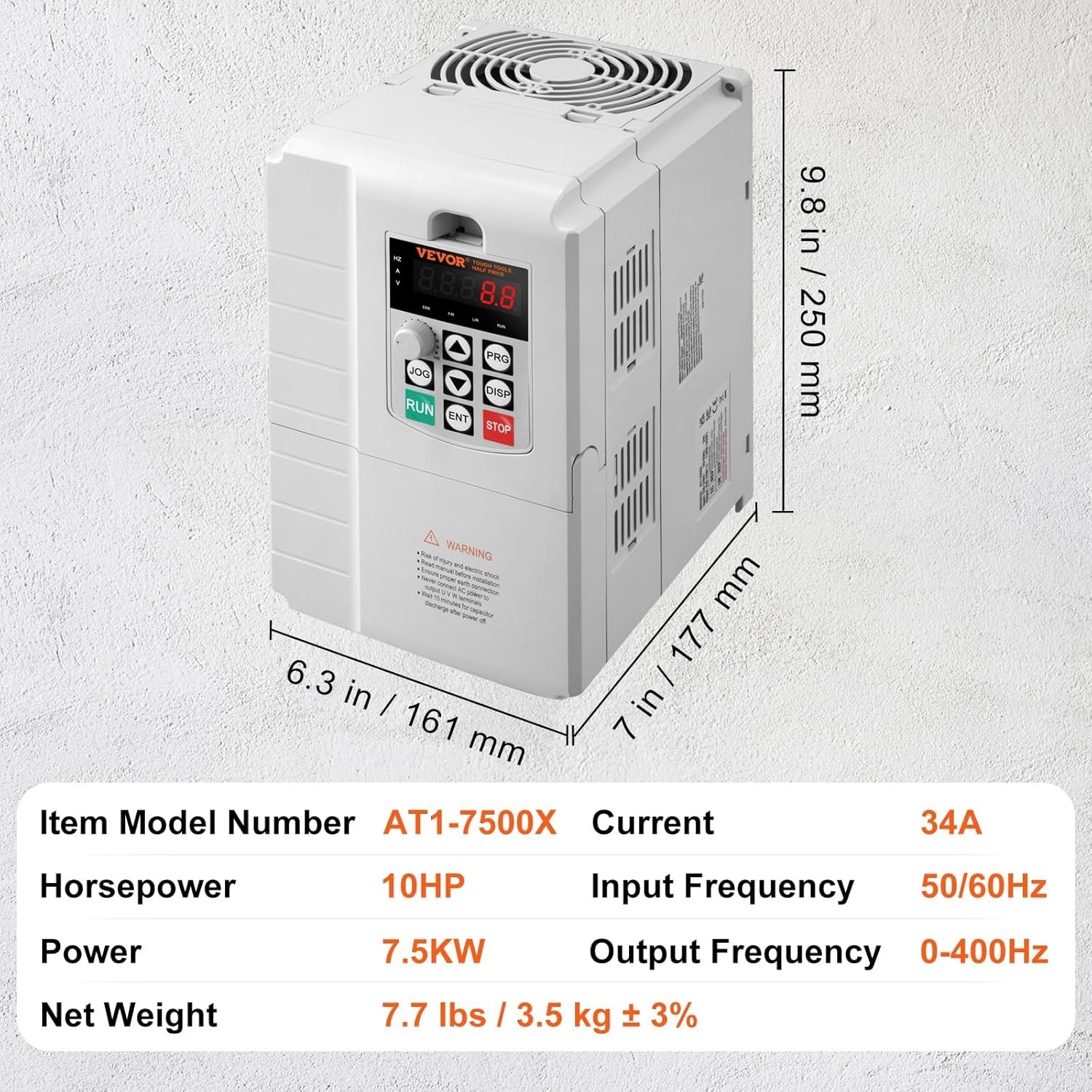 VFD 10HP, 7.5KW, 34A, 1 Phase 220V-240V Input to 3 Phase 220V-240V Output Var…