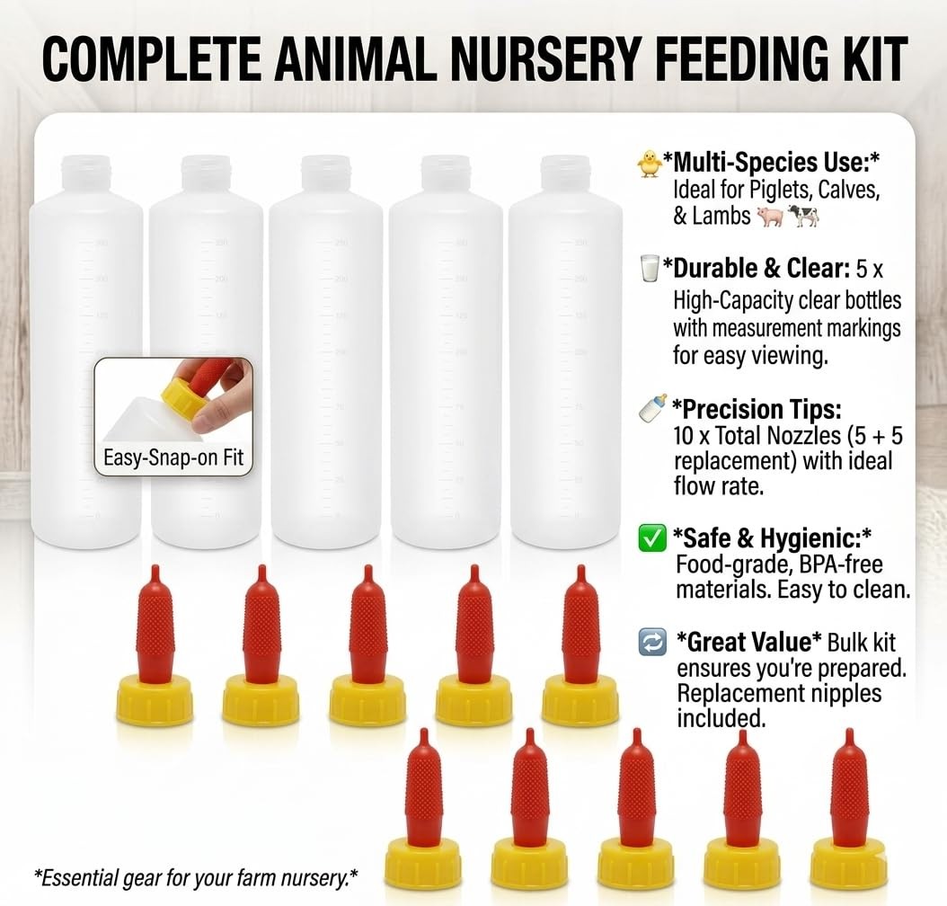 5 Pack 400ml Goat Lamb Feeding Bottles Silicone Nipples Milk Feeder Kit Small