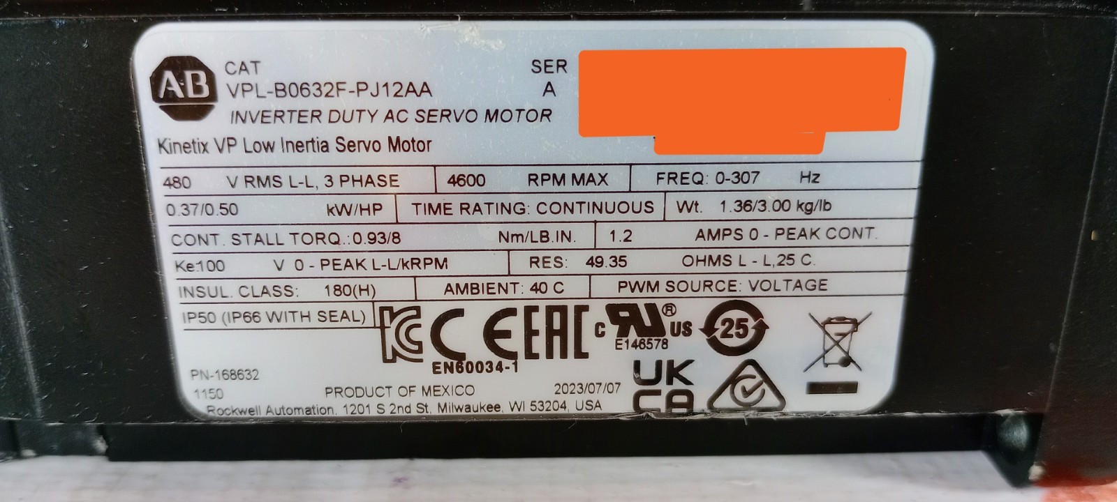 SURPLUS 2023 Allen-Bradley VPL-B0632F-PJ12AA Kinetix Low Inertia Servo 0.5HP