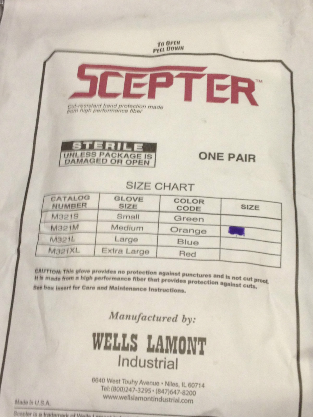 Scepter™ Sterile M321 cut resistant glove liners Cut Level 4 Sterile (PAIR)