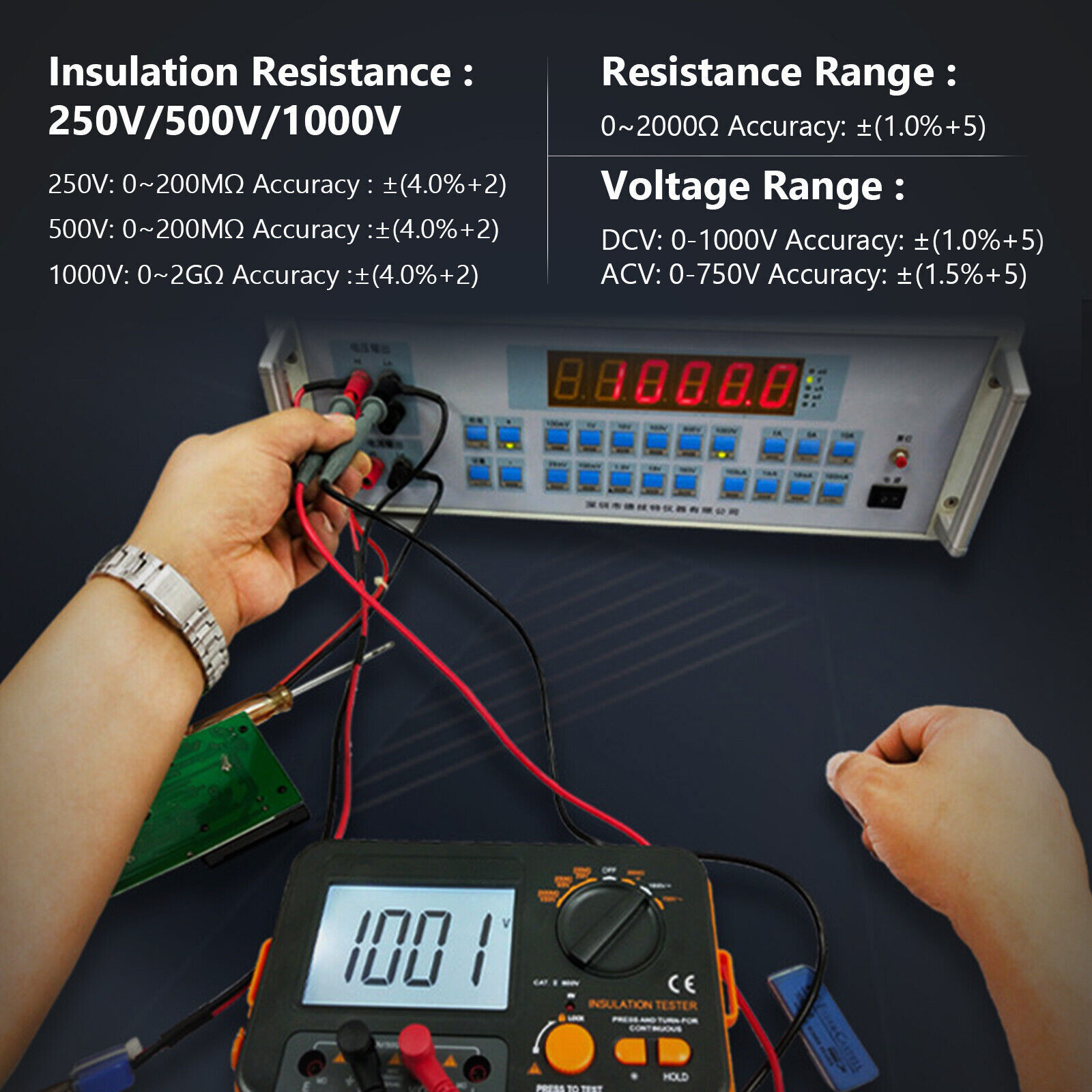 Digital Insulation Tester 250V/500V/1000V 2000MΩ 19999C Backlit LCD Data Hold