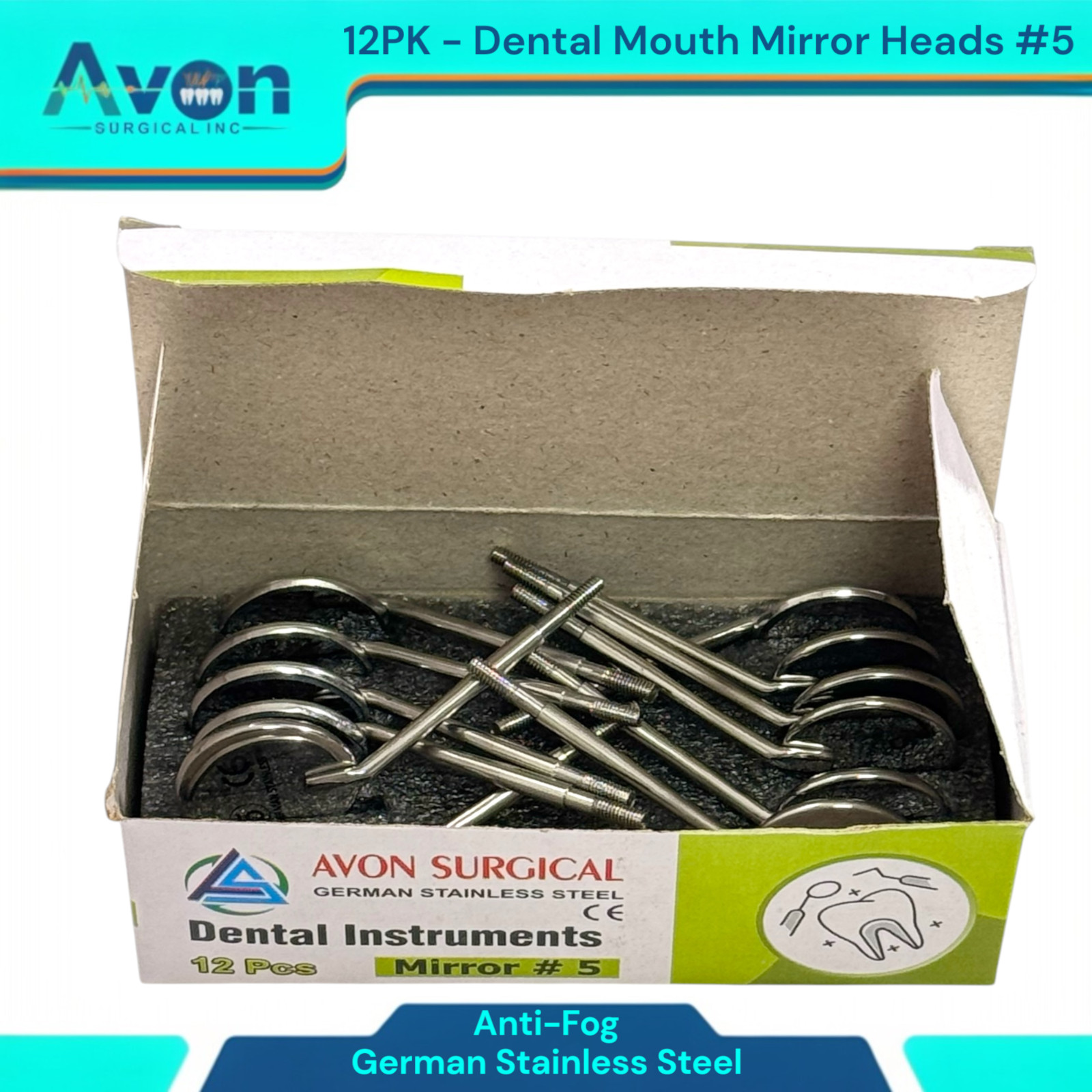 Dental Mouth Mirror Heads #5, Anti-Fog, Cone Socket | Stainless Steel (12PK)
