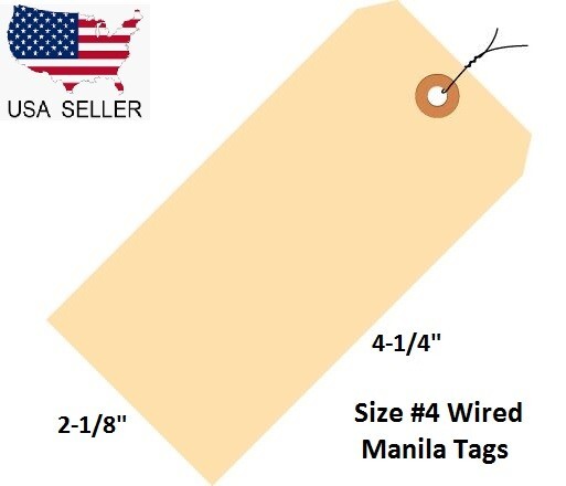 Size 4 Manila Inventory Shipping Hang Tags with Wire 4 1/4″ x 2 1/8″ Wired Tags