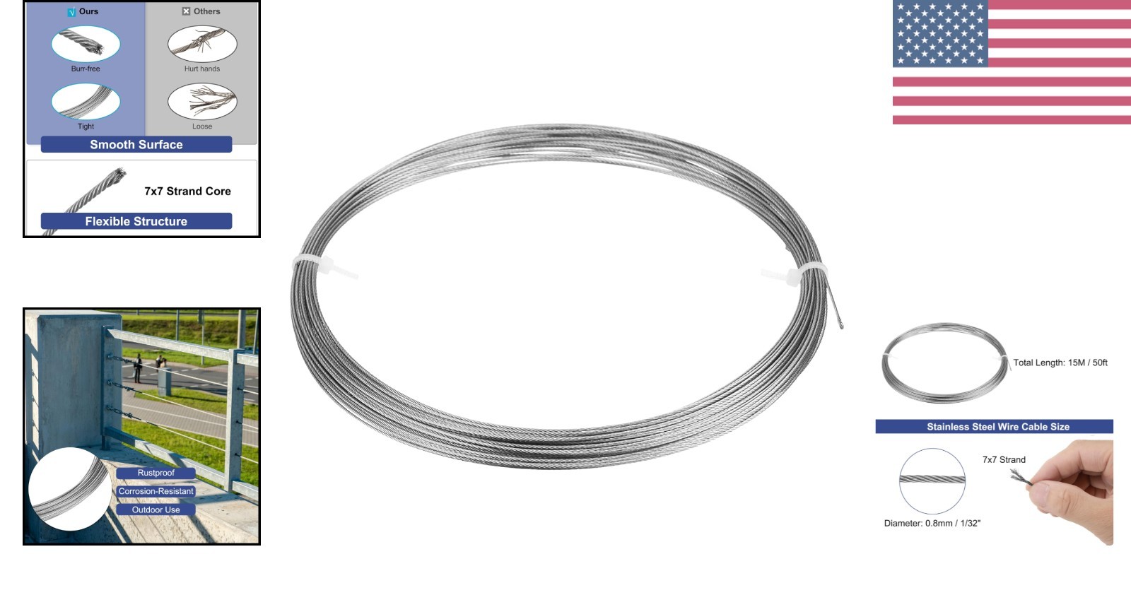 1/32″0.8mm 304 Stainless Steel Cable Wire Rope 7×7 Strands Core 50ft 15M Airc…