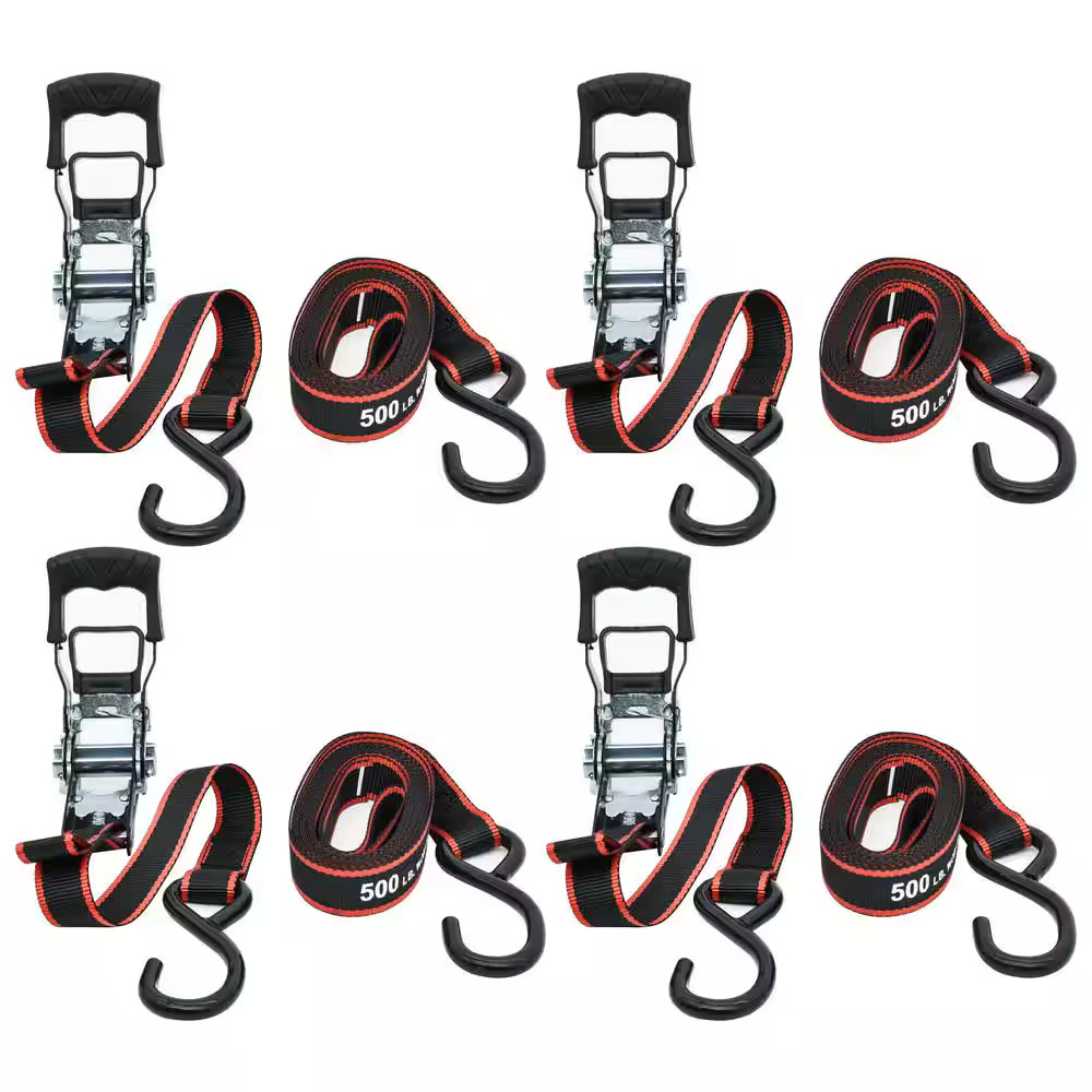 Husky 12 ft. x 1 in. Ratchet Tie-Down Straps with S-Hook (4-Pack)