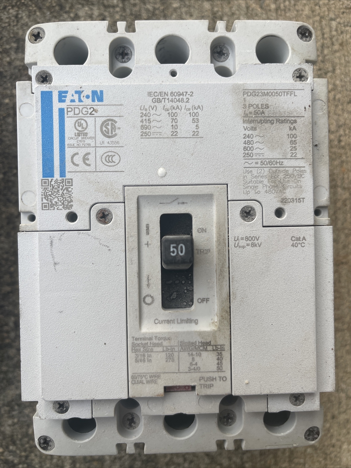 Eaton PDG23M0050TFFL Power Defense Molded Case Circuit Breaker, 3P, 50A, 480V