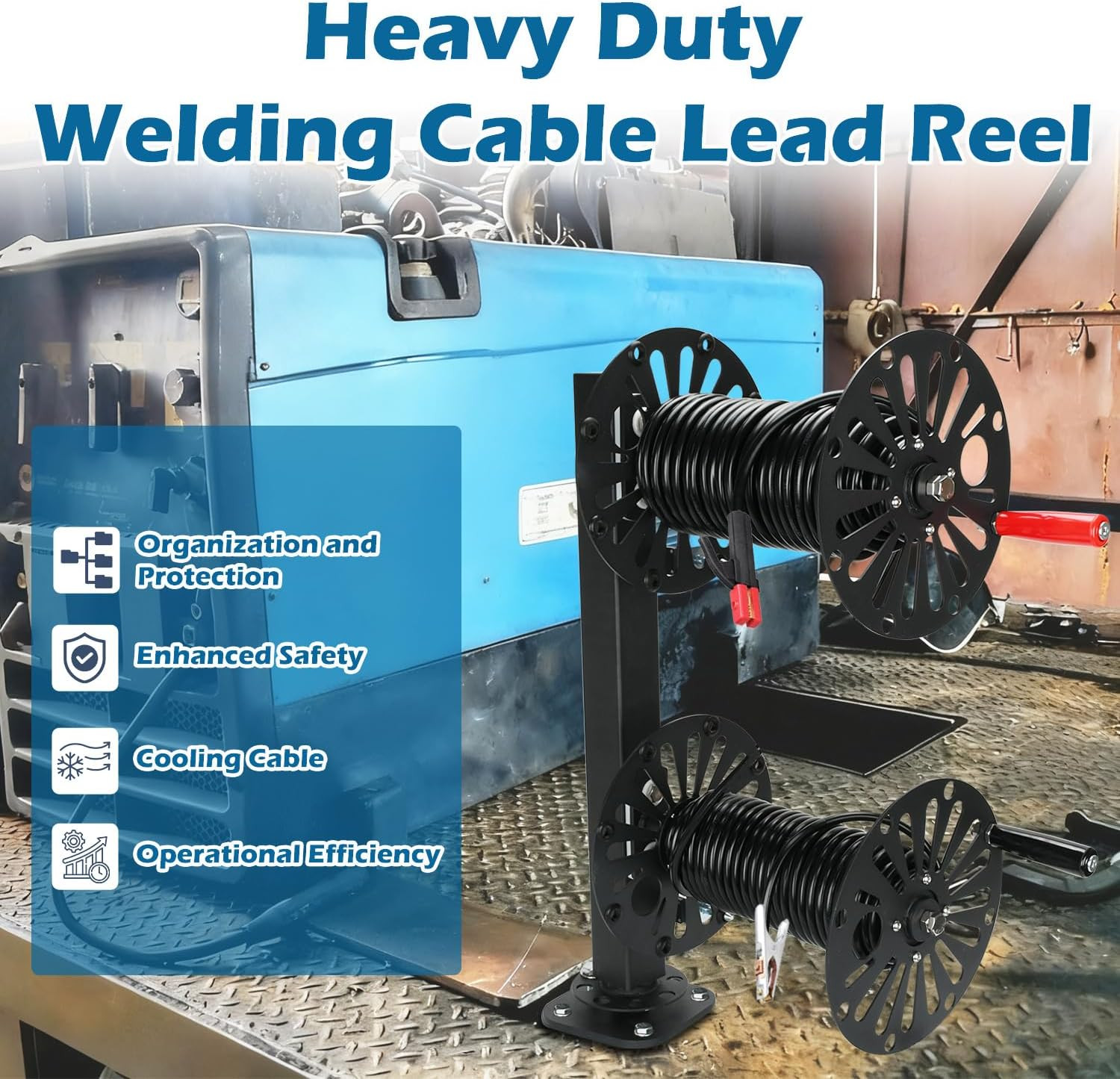 Heavy Duty Double Welding Lead Reel, 10″ Swivel Base Welding Cable Reel with Ins