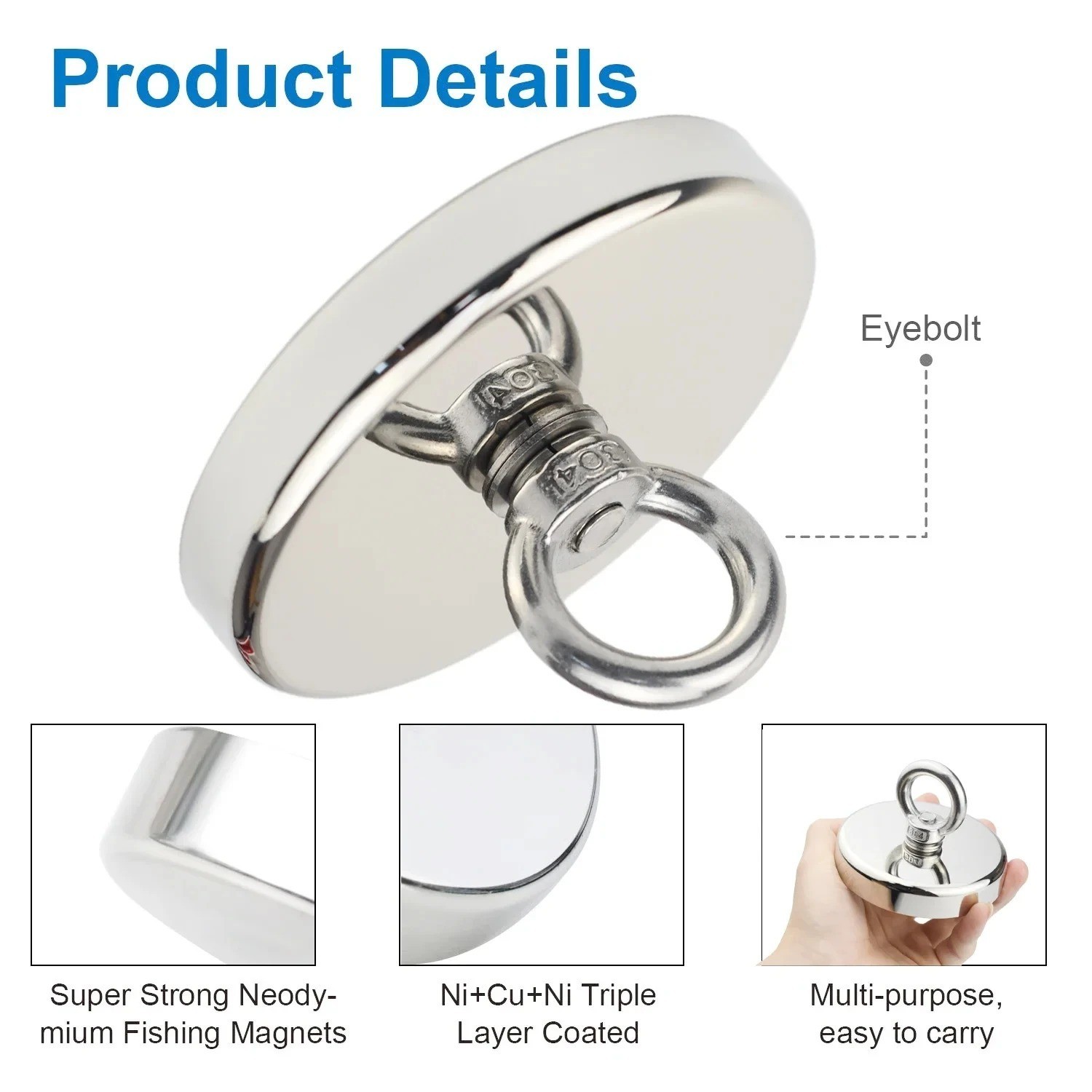 N52 Rare Earth Neodymium Magnet Heavy Duty Salvage Fishing Finder Eyebolt Hook (