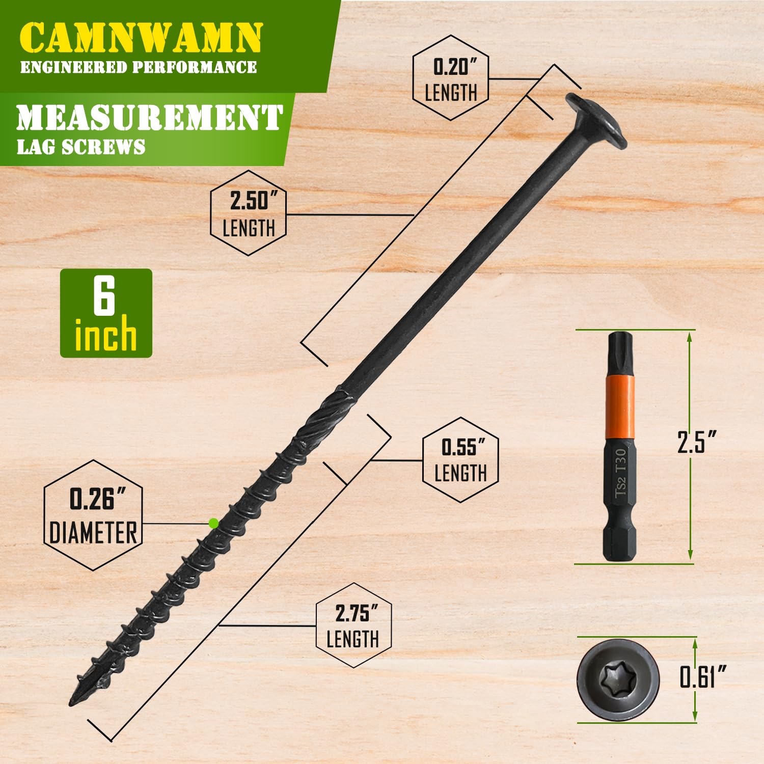 [Pack of 50] #14 x 6 Wood Structural Lag Screws, Black Coated x 6″,