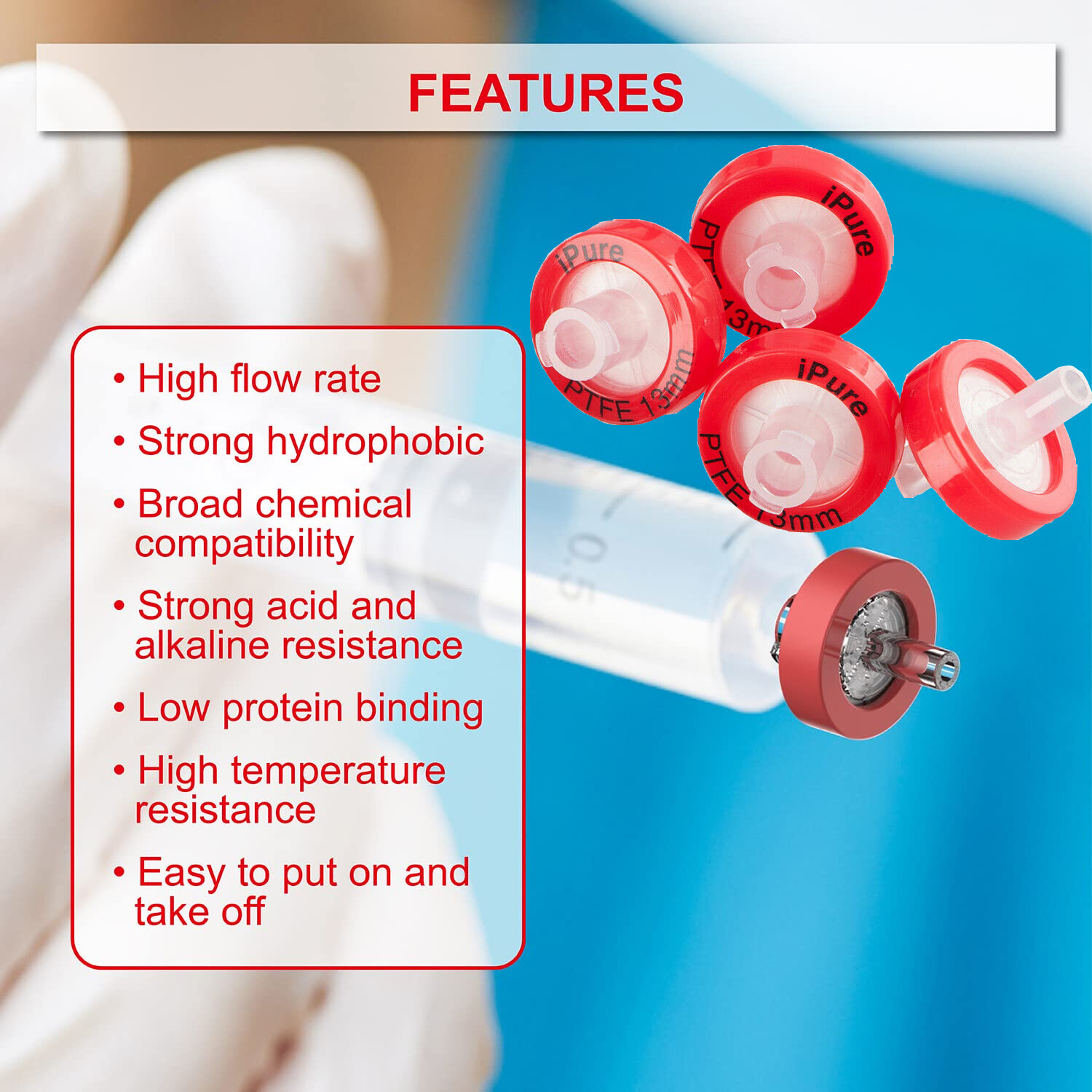 Simpure 100x Syringe PTFE Filters Hydrophobic Filtration 0.45μm 13mm No-Sterile