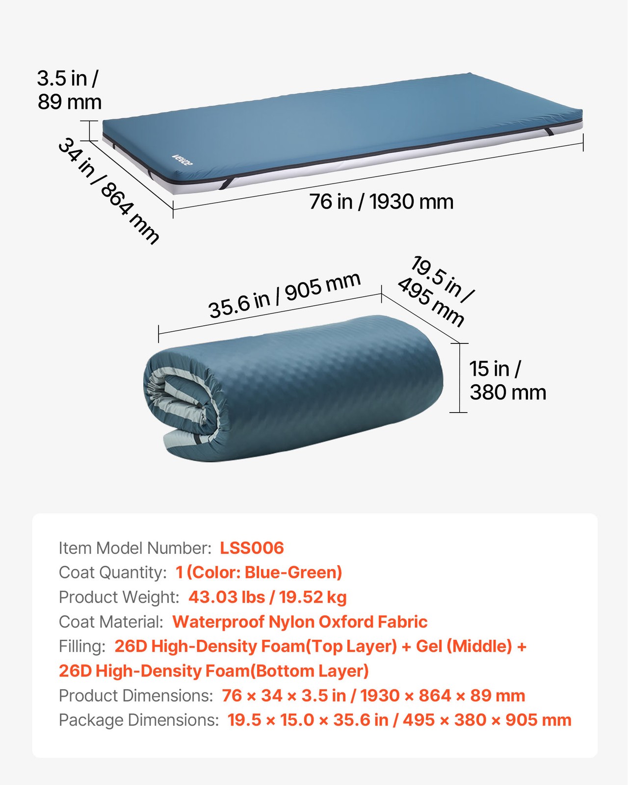 VEVOR Hospital Medical Bed Mattress 3.5-Inch Water Resistant Non Slip Home Foam