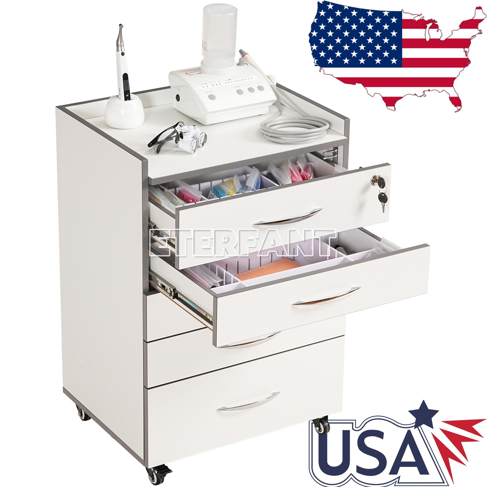 Dental Trolley Cart with Socket/Cart Acrylic Mobile Wooden Cabinet 5 Drawers US