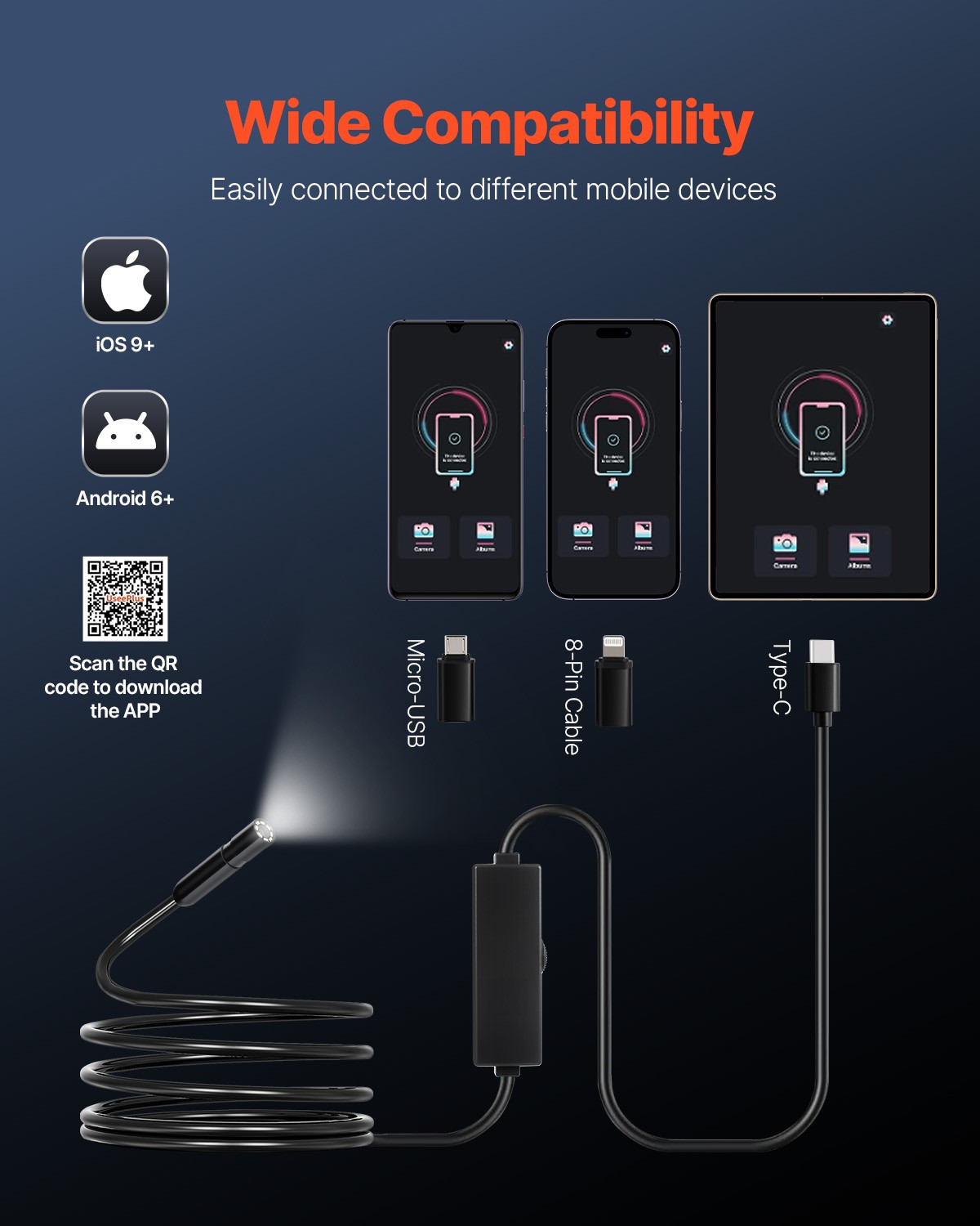 VEVOR Endoscope Camera 1920P HD Borescope for Android & IOS with 10FT Cable