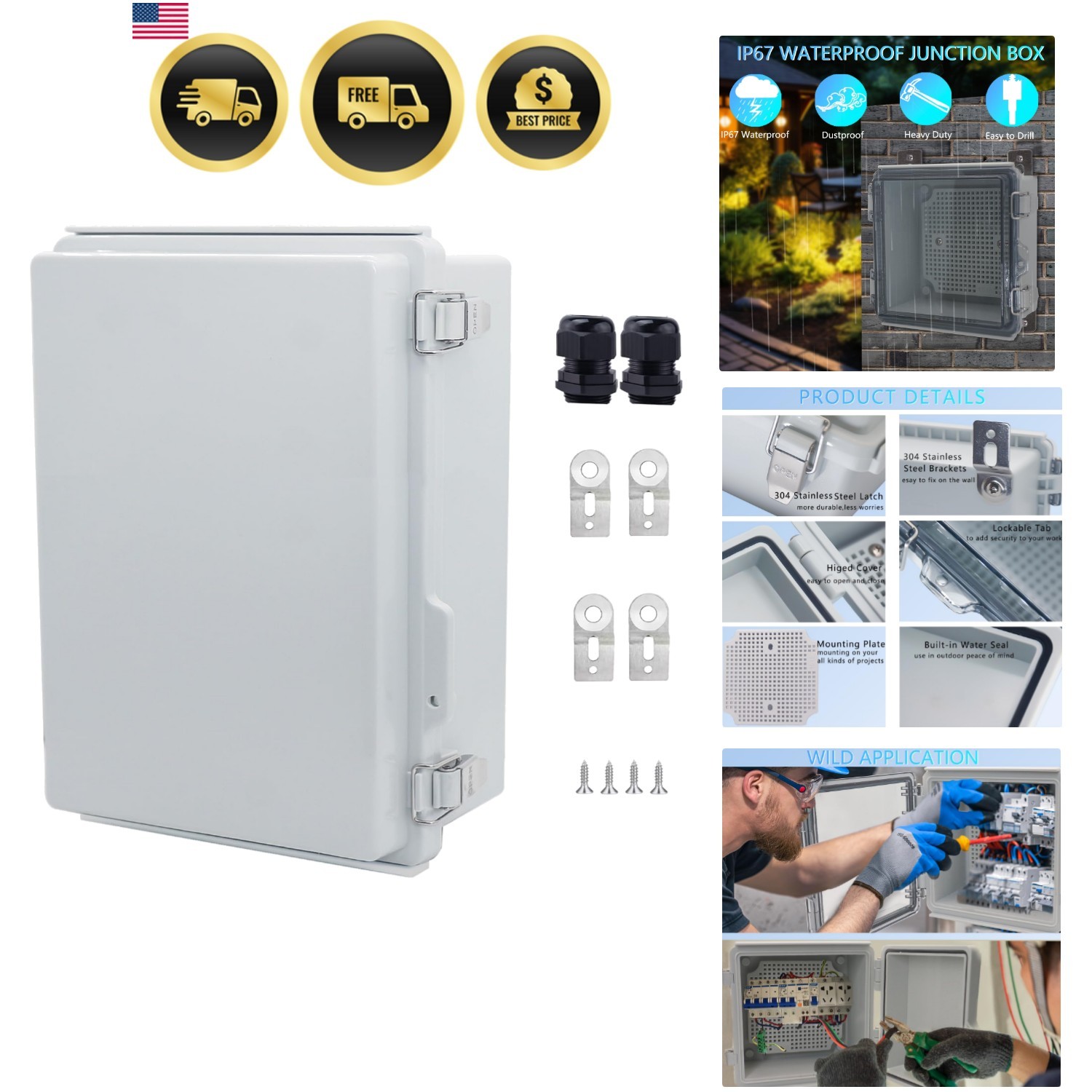 Waterproof Junction Box, ABS Plastic Electrical Enclosure with Stainless Stee…