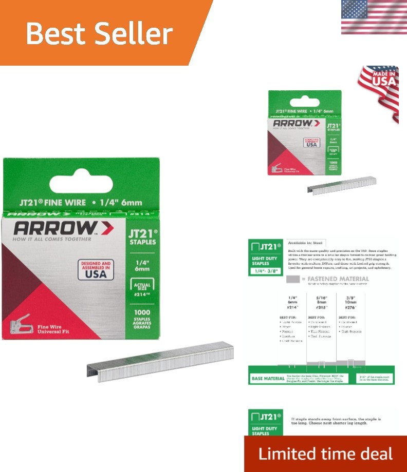 1/4-Inch Arrow JT21 Staples for Crafting & Upholstery – 1000 High-Quality Pieces