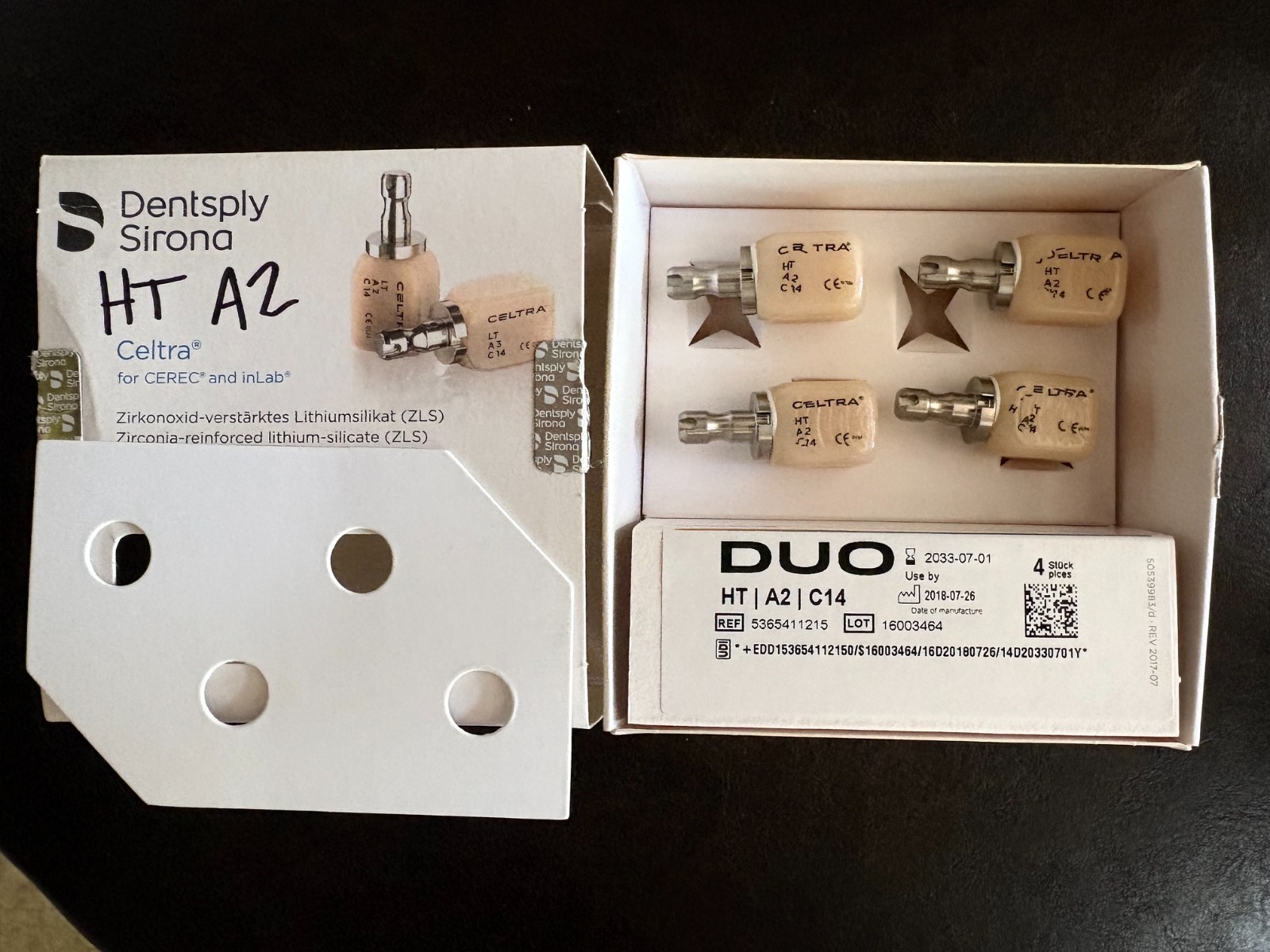 Dentsply Sirona Celtra Duo HT A2 C14 CAD CAM Blocks 4pcs CEREC new in box