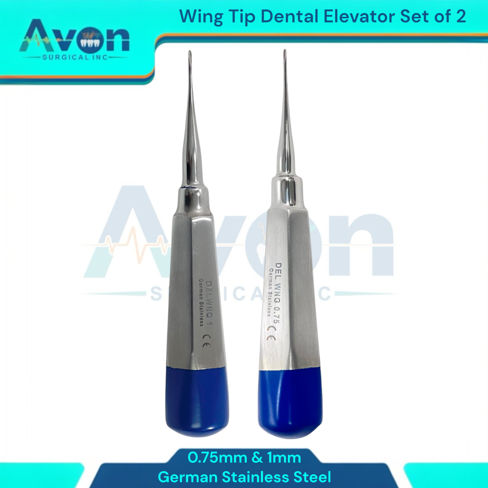 2Pk Dental Veterinary Elevator 0.75mm & 1mm Wing Tip, Straight, Color-Coded
