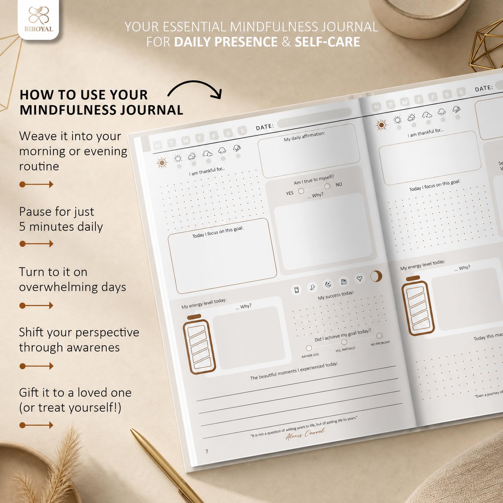 BIROYAL 5 Minute Gratitude Journal 2026 – Undated Daily Khaki