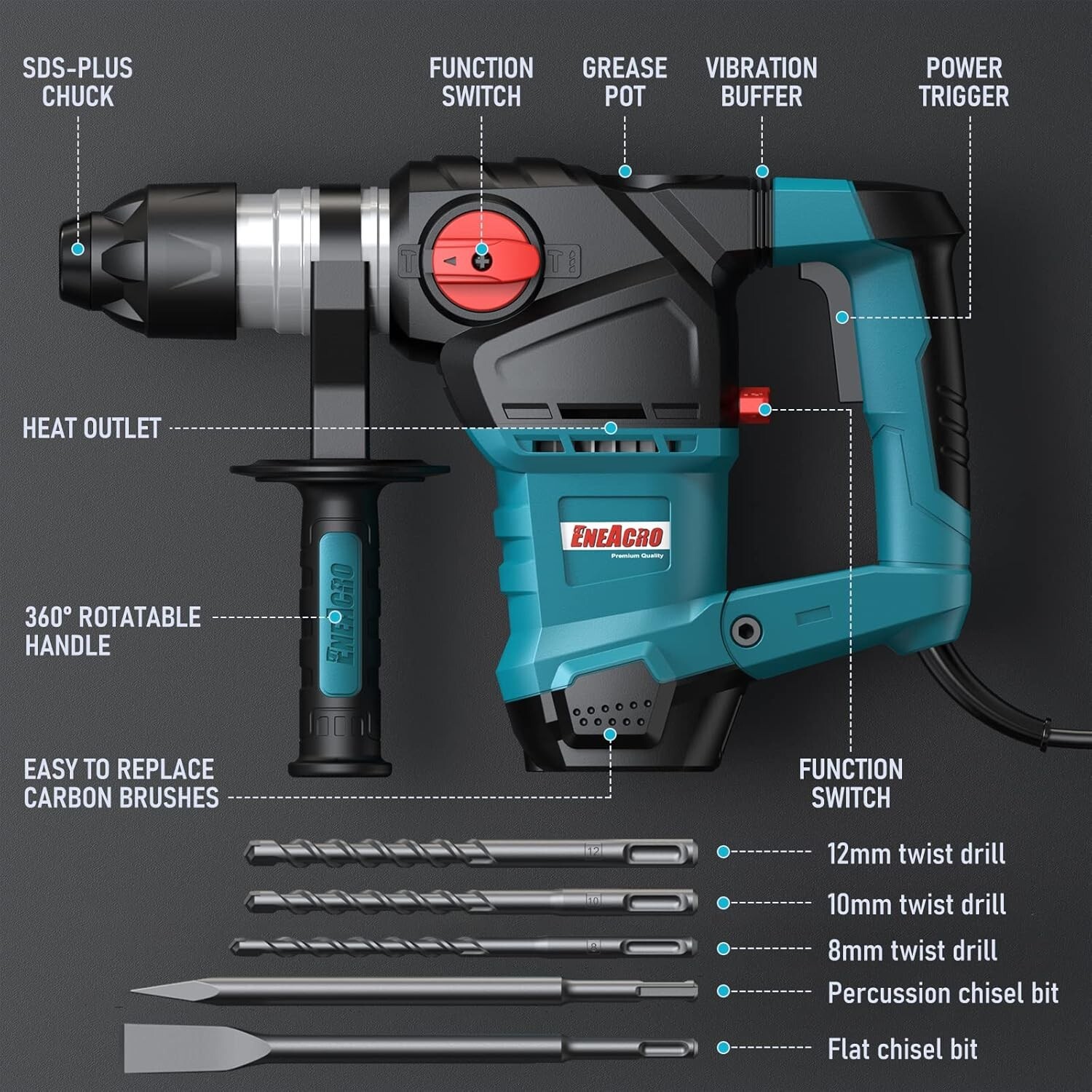 Powerful 3-in-1 Rotary Hammer Drill with Vibration Control, Accessories Included