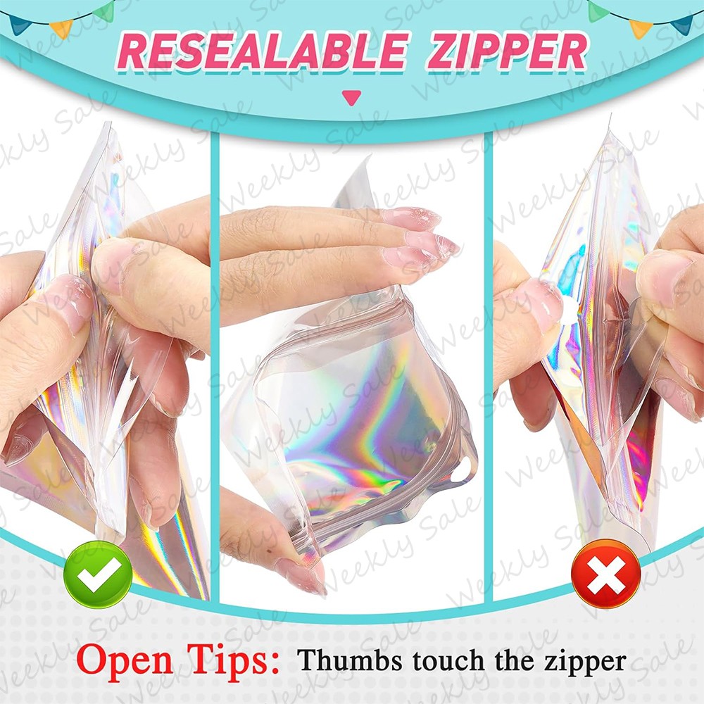 Holographic Mylar Foil Bags Smell Proof Resealable Zip Lock Pouch Rainbow Color