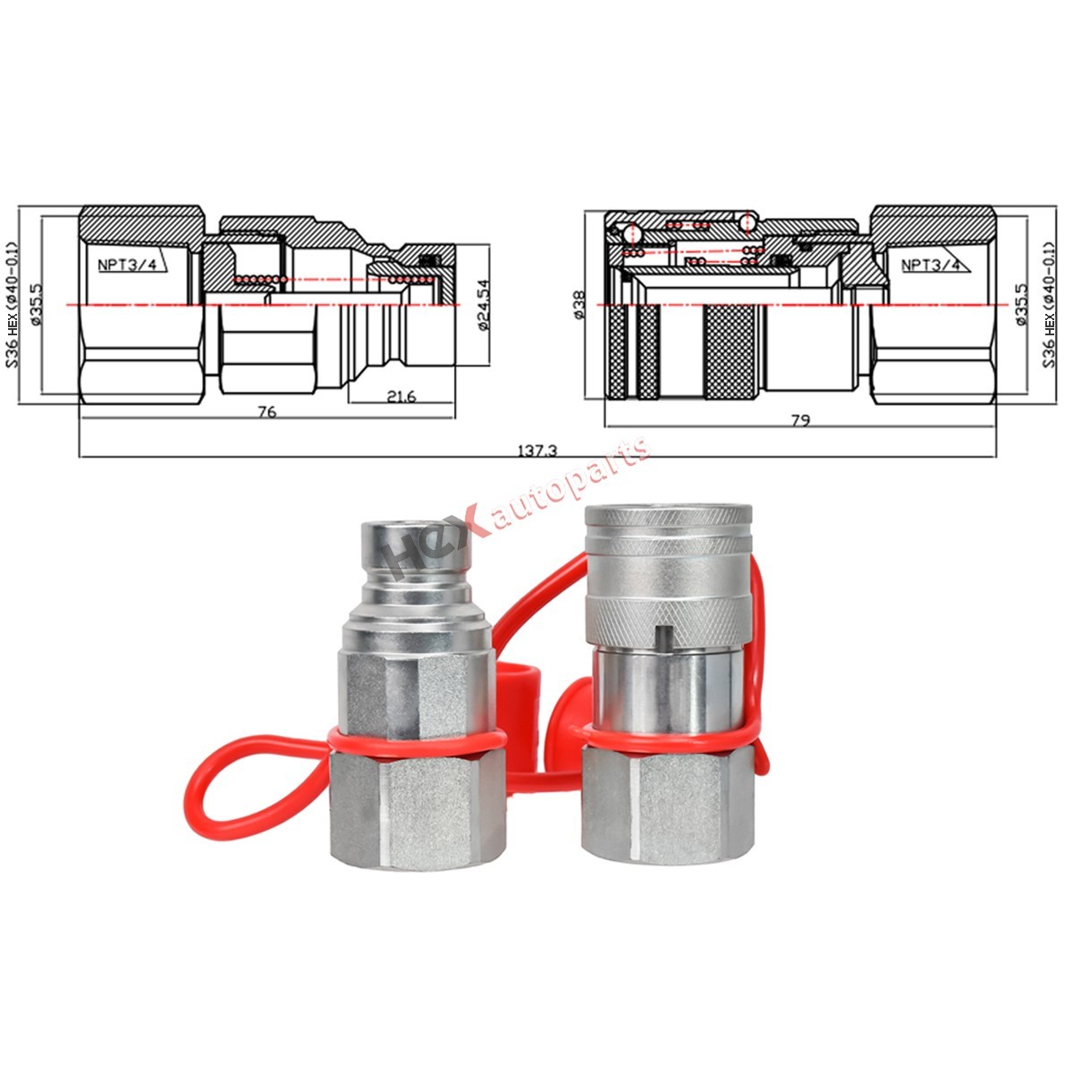 2 sets 3/4″ NPT Thread Flat Face Hydraulic Quick Couplers Set Bobcat Skid Steer